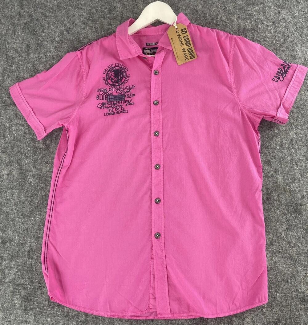 Camp David Shirt Mens Small Pink Button Up Embroidered Short Sleeve N270